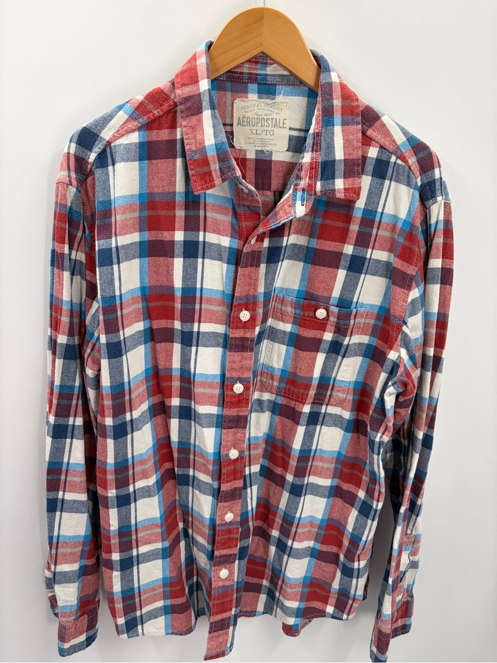Aeropostale Men's XL Plaid Flannel Button Down Shirt Red Blue White Y2K